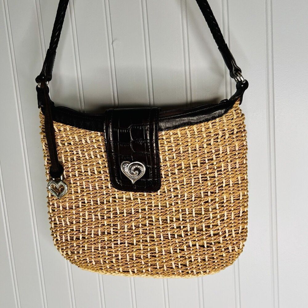 Brighton Jute Raffia Woven Shoulder Bag Brown Leather Woven Handles Heart Charm - Picture 2 of 10